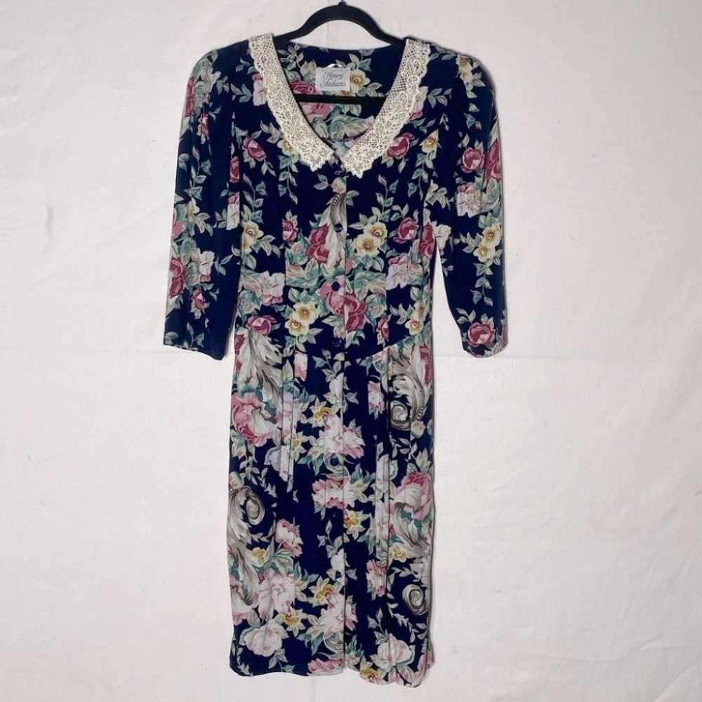 Vintage Honey Fashions Romantic Floral Cottagecore Dress With Lace Collar L